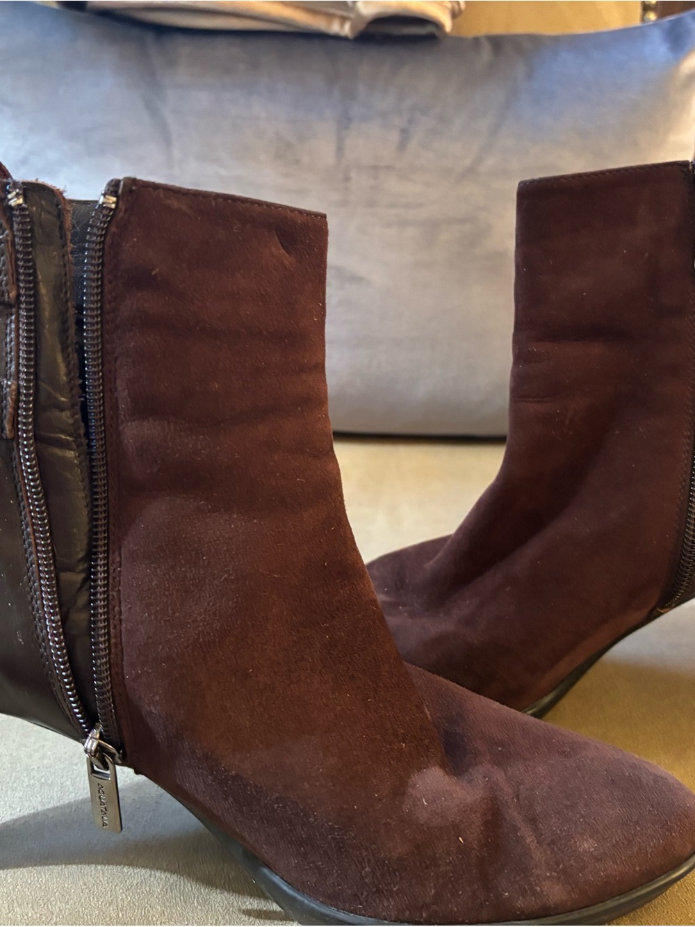Aquatalia Dark Brown Suede Ankle Booties with Side Zip